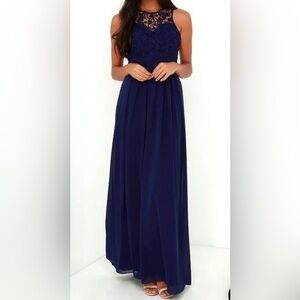 Lulus SO FAR GOWN Navy Blue Lace Maxi Dress Cut out Key Hole Back Women’s Sz LRG